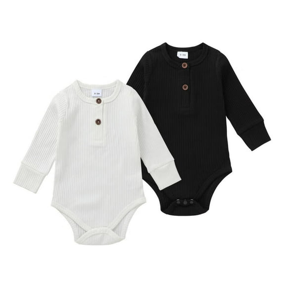 Baby Girl Boy 2 Pack Solid Long Sleeve Romper Bodysuit Clothes Black & White 0-3 Months