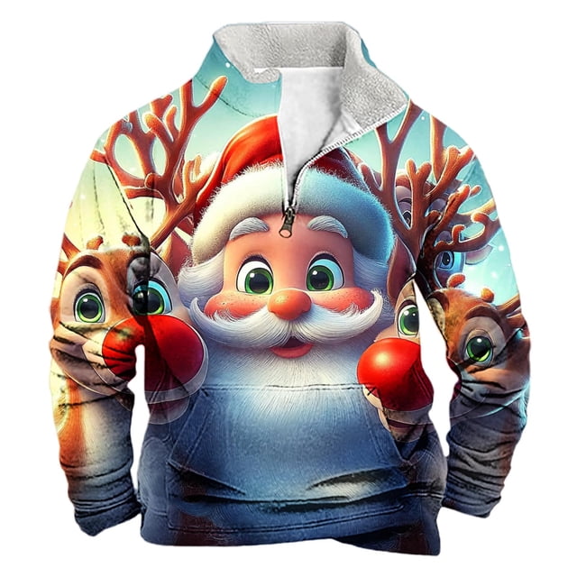 Sudadera sin capucha para hombre, de invierno, con cuello alto, cremallera, estampado navideño, jersey de manga larga, sudadera con capucha, blusa de poliéster para hombre