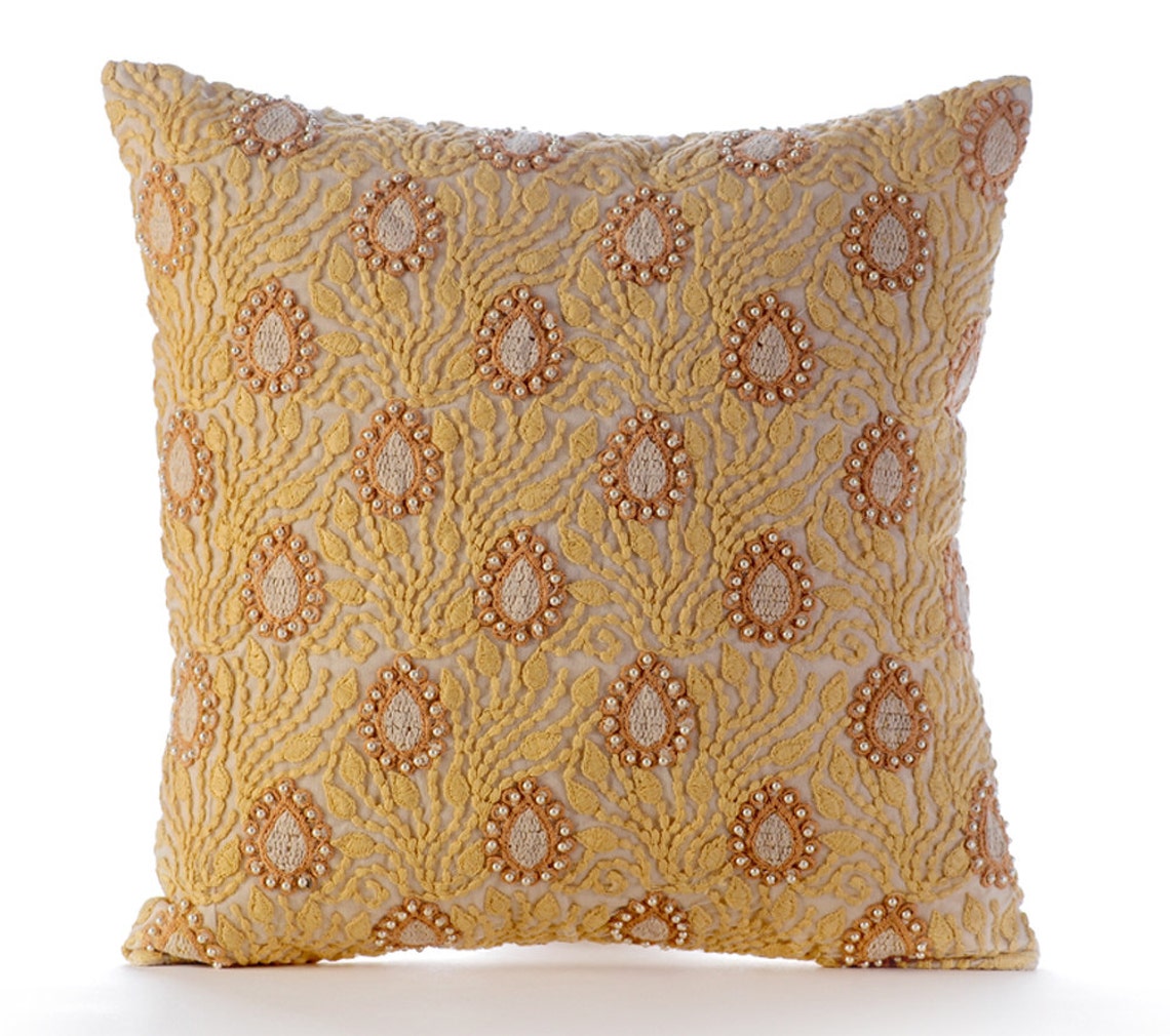 Yellow Pillow Shams, Crochet Lace Indian Paisley Pillow Shams, 24x24