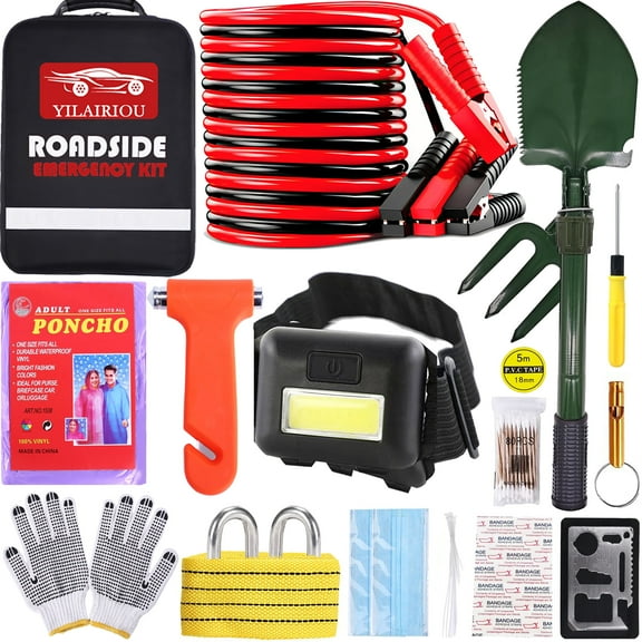 YILAIRIOU Emergency Car Kit - Premium Roadside Assistance Kit for Cars with Jumper Cables, Headlamp, Folding Shovel & Tow Strap All-in-One Vehicle Safety Kits for Winter, Travel, Survival Men & Wome