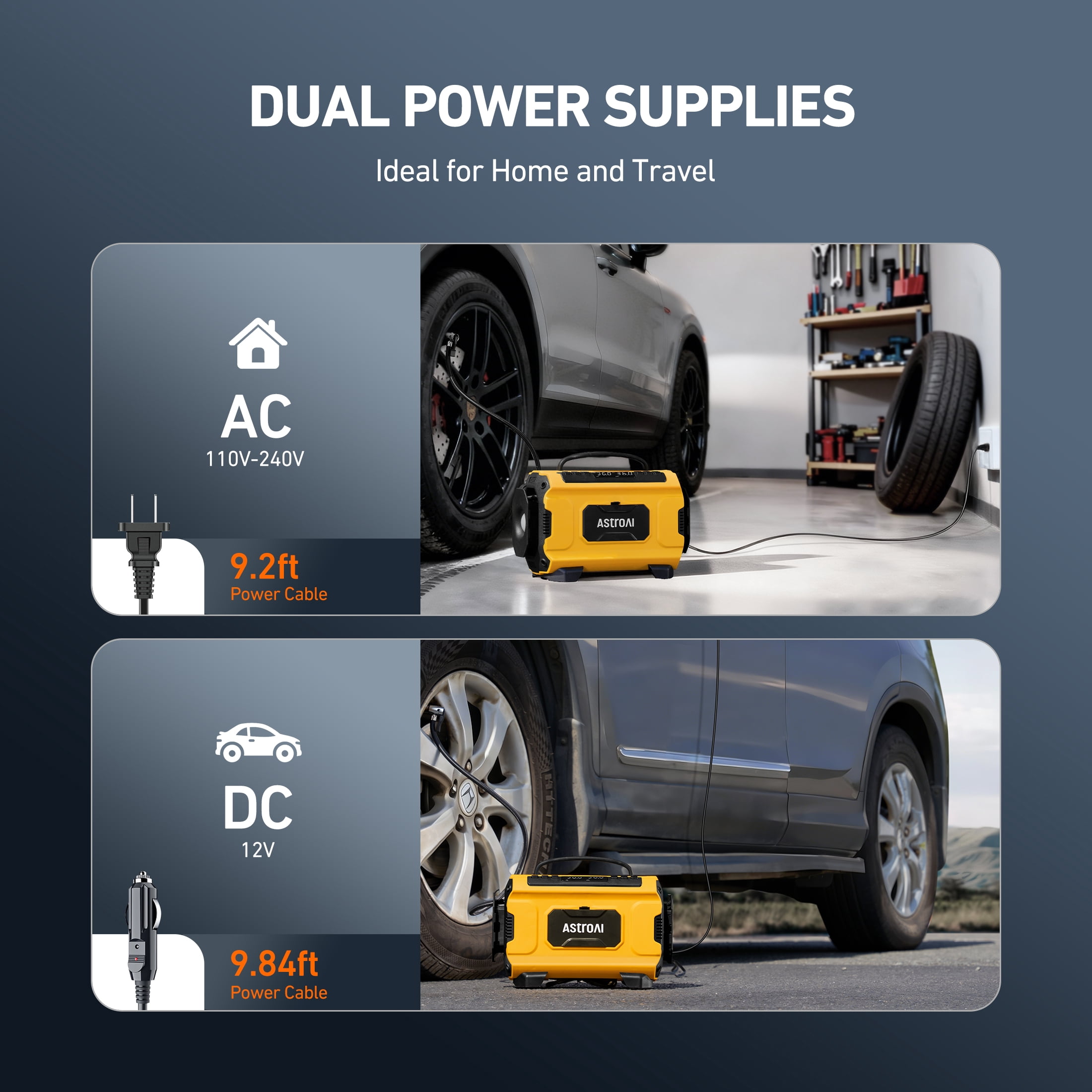 AstroAI Tire Inflator Air Compressor Portable Electric Pump for Tires, Air Pump with Dual Metal Motors Dual Power Sources 12V DC/110V AC