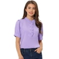 thumbnail image 1 of Top de blusa de trabajo con cuello redondo y mangas cortas con tapeta de medio botón con volantes para mujer Morado Claro XL, 1 of 5