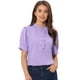 thumbnail image 1 of Top de blusa de trabajo con cuello redondo y mangas cortas con tapeta de medio botón con volantes para mujer Morado Claro XL, 1 of 5