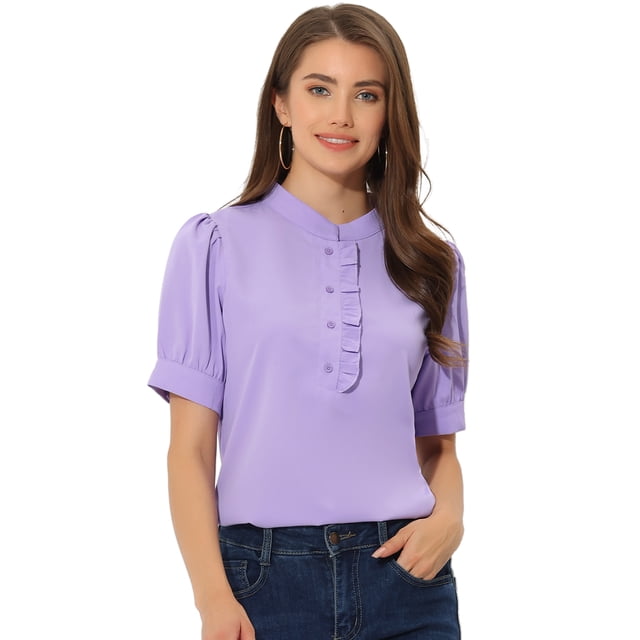 Top de blusa de trabajo con cuello redondo y mangas cortas con tapeta de medio botón con volantes para mujer Morado Claro XL