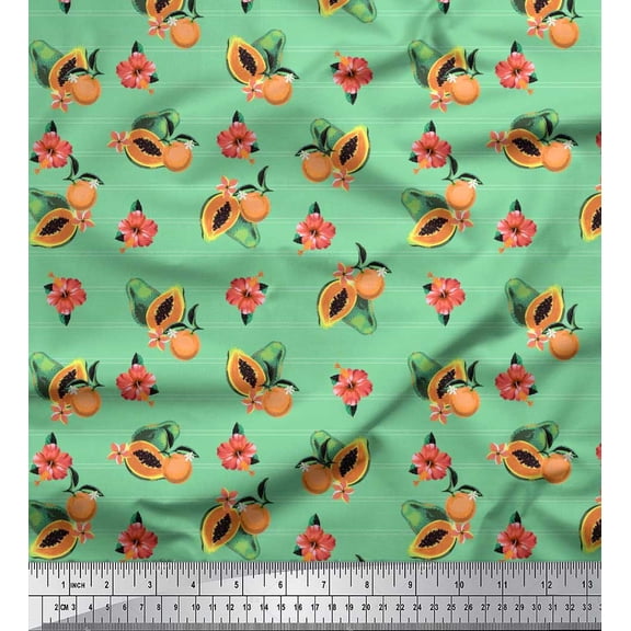 Soimoi Green Cotton Duck Fabric Stripe, & Papaya Fruits Print Sewing Fabric Yard 42 Inch Wide