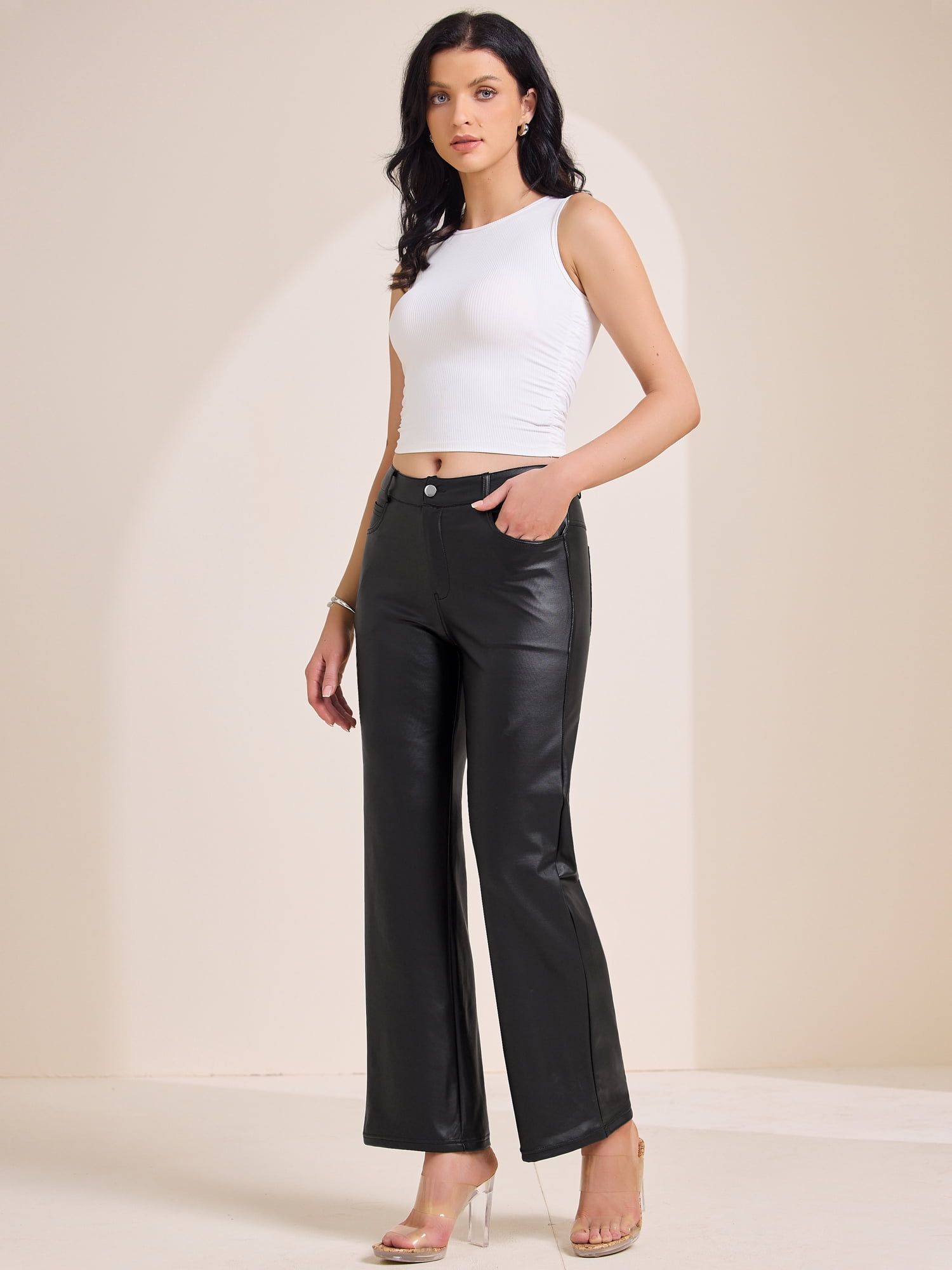 DARING DIVA Women's Black Straight Leather Pants High Waist with Pockets Small Black