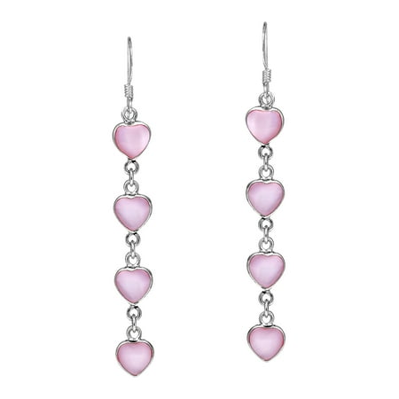Long Link Earrings - Long Pink MOP Heart Link .925 Silver Earrings