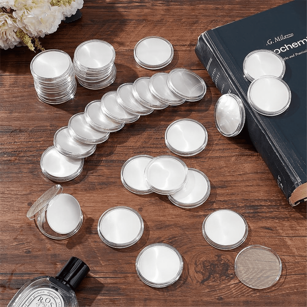 20pcs Blank Metal Stamped Sublimation Blanks 40mm Laser Engraved Round Labels+Acrylic Protective Case,1 set x charms for jewelry making,Silver