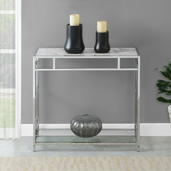 Convenience Concepts Town Square Chrome Faux Marble Glass Hall Table with Shelf in White Marble, Glass & Chrome Frame