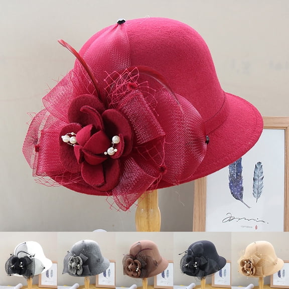 Only Moment Multicolor Women's Wool Church Dress Cloche Hat Tweed Vintage Cloche Bucket Hat with Flower Collapsible Felt Church Bowler Hat Vintage Felt Cloche Hat A