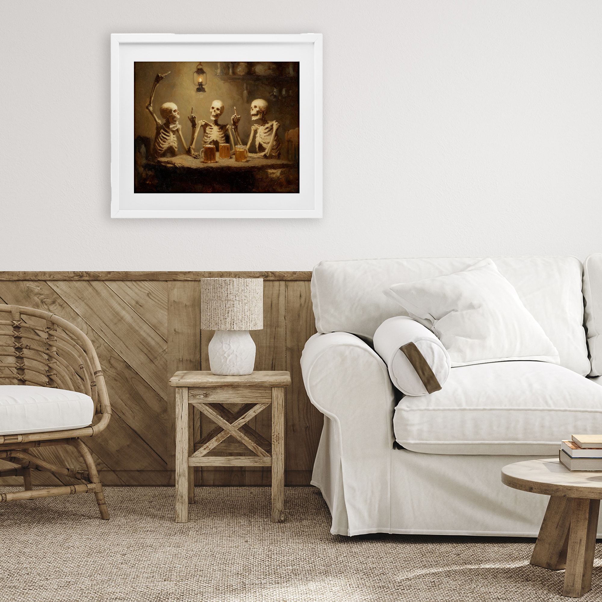 Skeletons Drinking at Tavern White Framed Print Under Glass, design by Arlington Prints