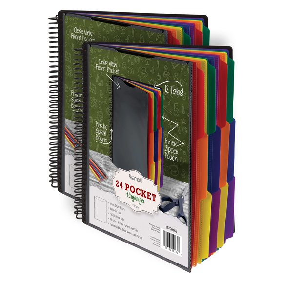 Samsill 2 Pack Deluxe 24 Pocket Spiral Project Folder Organizer with 12 Dividers Zipper Pouch Customizable Front Cover Erasable Write On Tabs in Assorted Colors Plastic Folders with Pockets