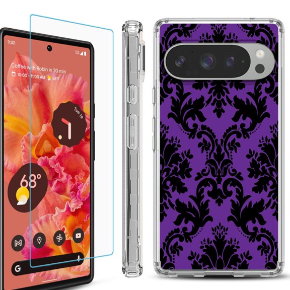 For Google Pixel 9 / 9 Pro Phone Case Cover, Shockproof Bumper Case with Tempered Glass Screen Protector, by OneToughShield - Victorian Purple/Black