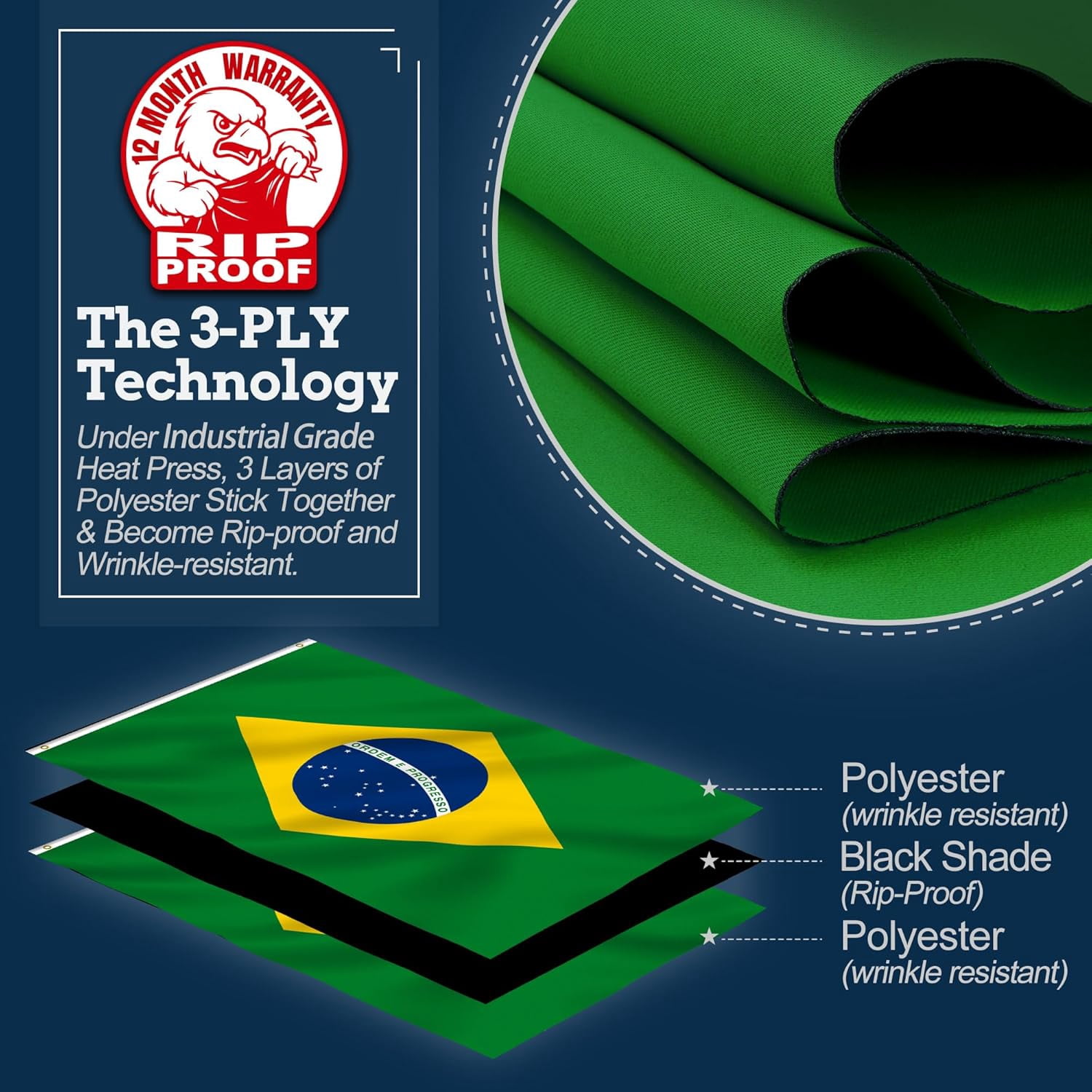 Anley Rip-Proof Double Sided 3-Ply Brazil Flag 3x5 Foot - Brazilian National Flags 300D Polyester
