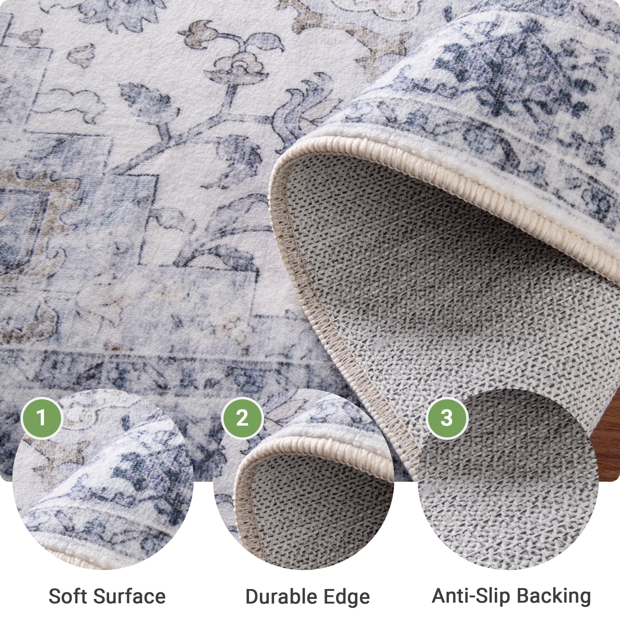 NewBuros 8'x10' Area Rugs, Machine Washable Non Slip Rugs for Living Room, Low Pile Water Repellent Soft Vintage Print Pattern Bedroom Carpet, Blue & White