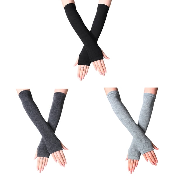 Guantes largos sin dedos para mujer, calentadores de brazos tejidos con orificio para el pulgar