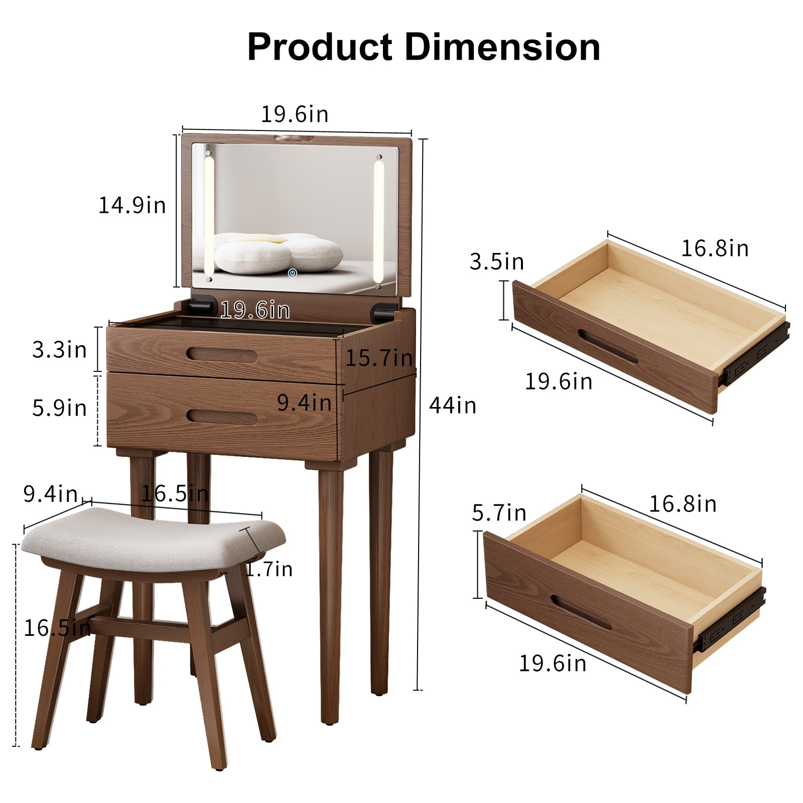 Muwuele Solid Wood Small Vanity Desk with Mirror and Lights, Compact Makeup Vanity with Chair, Brightness Adjustable Lights, Dressing Table for Bedroom, Living Room, Walnut