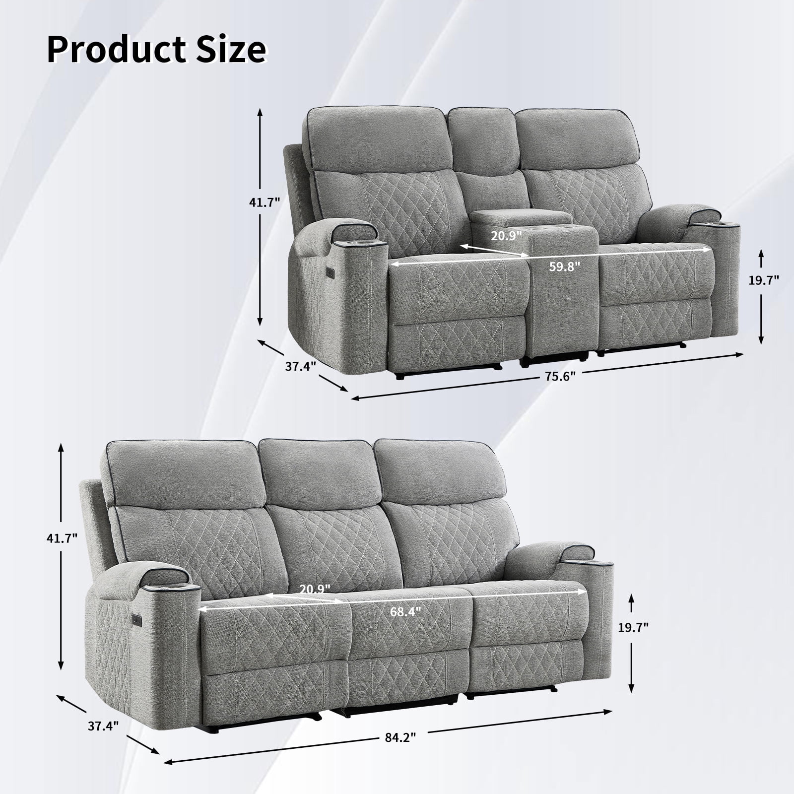 Bonzy Home Power Reclining Sofa Set — Fabric Electric Recliner Loveseat & 3 Seater Sofa Couch with Cup Holders, USB Type-C Charging Ports & Hidden Storage, 5 Seats, Light Grey