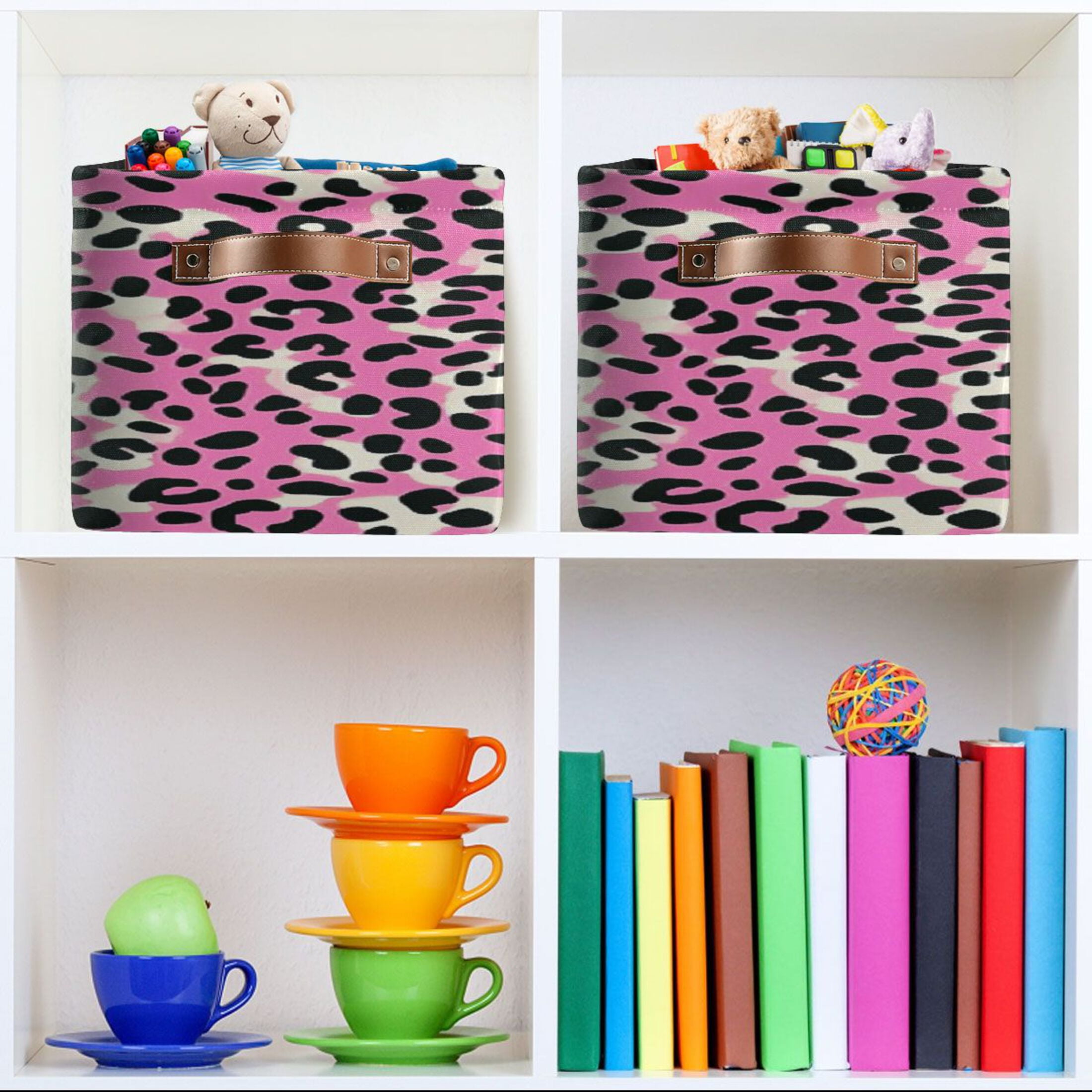 Pink and Black Leopard Foldable Storage Basket,Canvas Fabric Foldable Storage Bins with Handles Open Home Storage Bins Boxes for Toy Book Shelf Closet Baskets