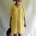 thumbnail image 3 of QUYUON Womens Cotton Linen Dresses Summer 3/4 Sleeve V-Neck Casual Blouse Tops Shirt Dresses Solid Color Linen Dress for Women Loose Fit T-Shirt Beach Sundress Style D-3840 Yellow M, 3 of 9