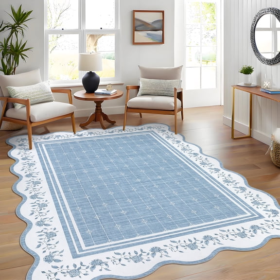 HIWEAVER Blue 5′ x 7′ Scalloped Washable Floral Area Rug for Living Room Modern Accent Throw Carpet for Bedroom Non-Slip Floor Cover Room Home Decor