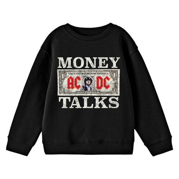 ACDC Money Talks Distressed Graphic Crew Neck Long Sleeve Boy's Black Sweatshirt-XS