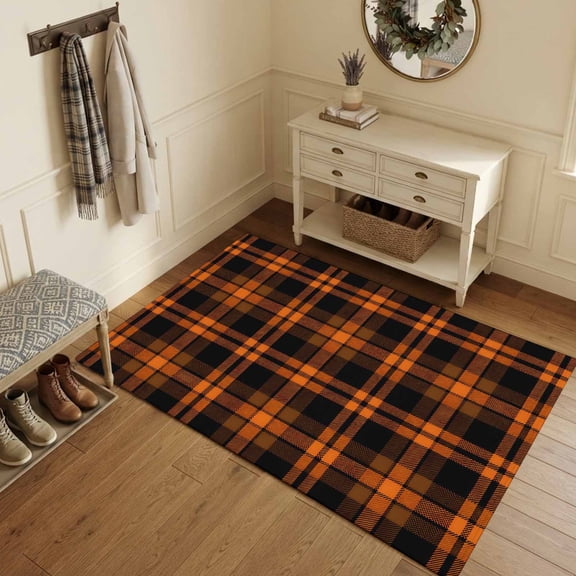 Area Rugs 3'x5', Burnt Orange Plaid Carpet Runner Indoor Outdoor Rugs Home Decor Aesthetic, Farmhouse Retro Black Checkered Non Slip Mats Washable Accent Rug for Living Room Bedroom