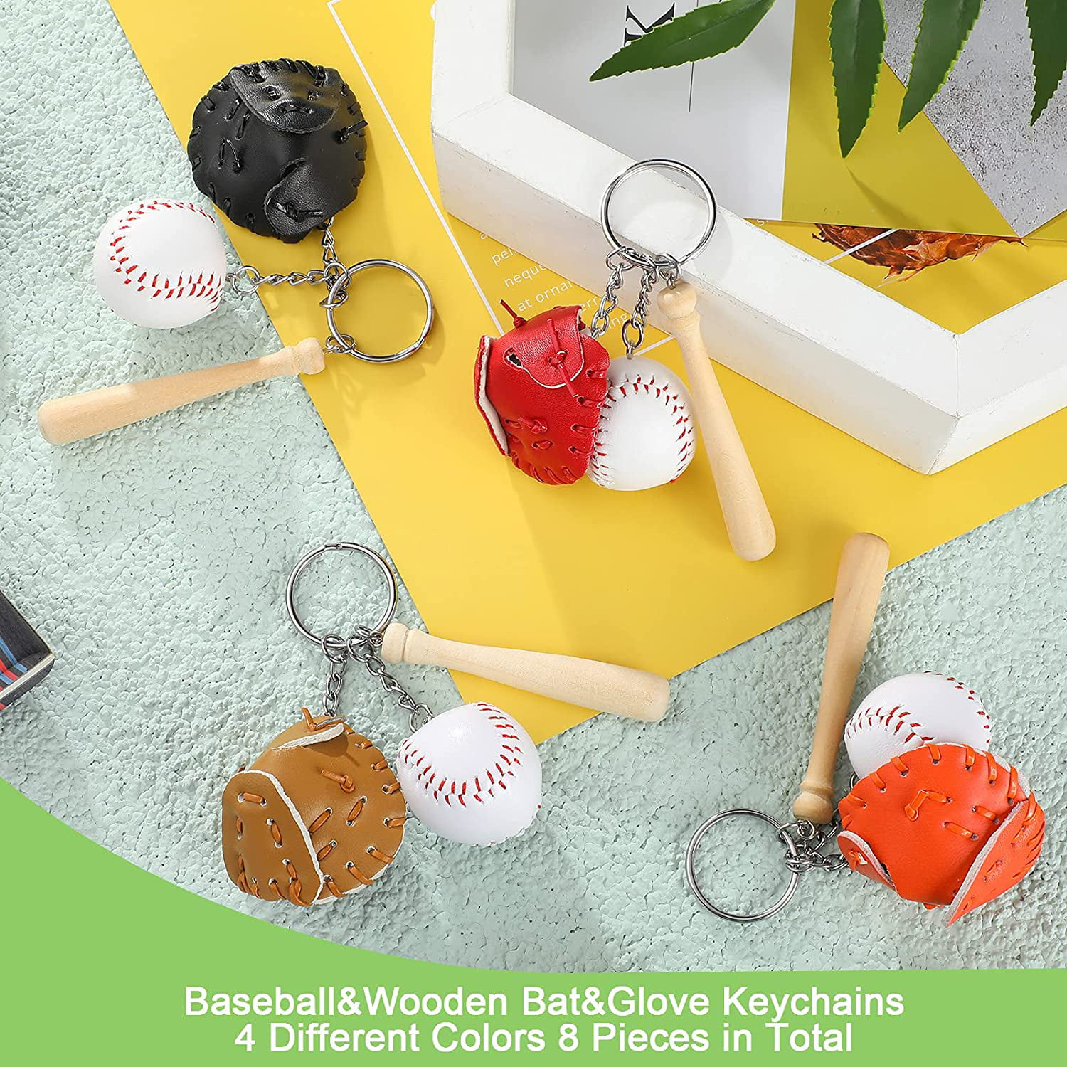 8 Pieces Mini Baseball Keychains Three-piece Baseball Gloves Wooden Bat Keychain Baseball Sports Keychain for Car Keys Backpack Decoration Athletes Souvenir Sports Party Favors