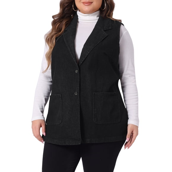 Agnes Orinda Women's Plus Size Denim Vests Sleeveless Lapel Jean Jackets with Pockets 2X Black