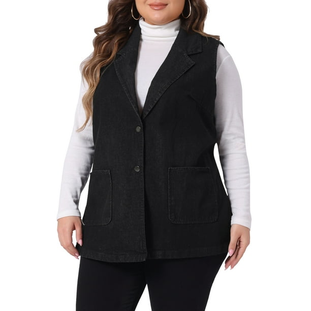 Chalecos de mezclilla sin mangas para mujer de tallas grandes Agnes Orinda con solapa y bolsillos 3X negro