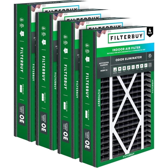 Filterbuy 16x25x5 Air Filter MERV 10 Odor Defense, Pleated HVAC AC Furnace Filter Replacement for Trion Air Bear Cub & More, 4-Pack