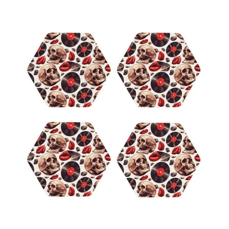 

Coasters Set of 4 - record lips Skull Drink Coasters for Tabletop Protection Leather Coasters for Living Room Decor and Housewarming Gift Hexagon