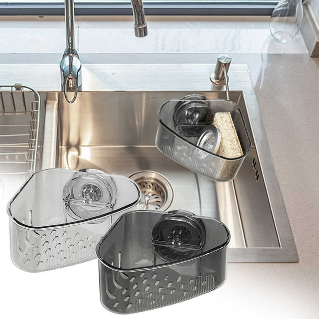 YYV Kitchen Organizer Suction Cup Sink Corner Rack Corner Shelf Suction Mount Soap Sponge Holder Sink Edge Organizer Rust Proof Drain Tray Space Saving Kitchen Rack Black