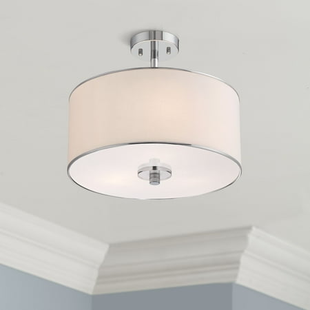 

Possini Euro Design Modern Ceiling Light Semi Flush Mount Fixture 16 Wide Chrome 3-Light White Translucent Fabric Drum Shade for Bedroom Kitchen