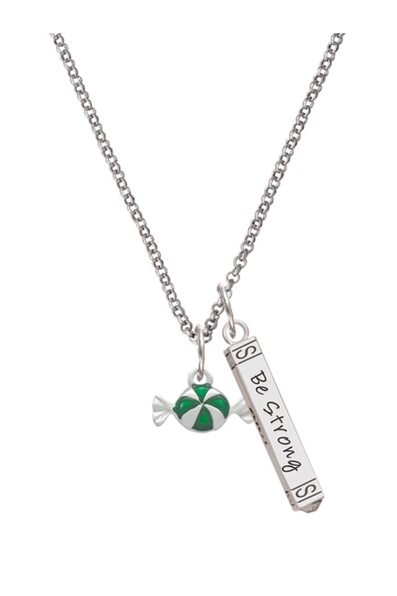 Silvertone Green Peppermint Candy Silvertone Be Strong and Courageous Bar Charm Necklace, 23"