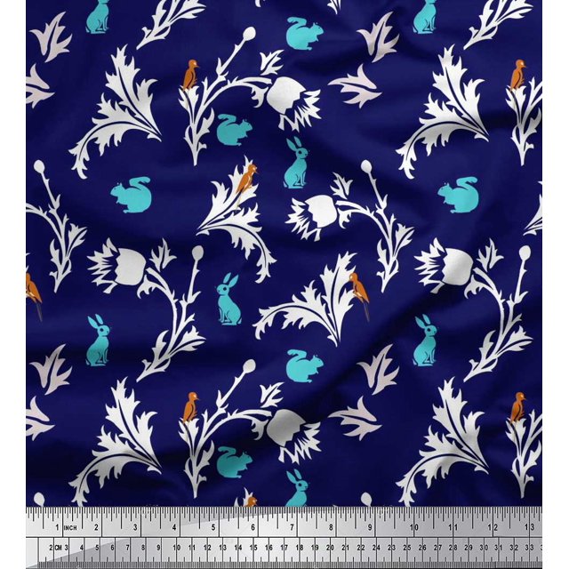 Soimoi Poly Georgette Fabric Leaves,Floral & Rabbit Animal Fabric Prints By Yard 42 Inch Wide