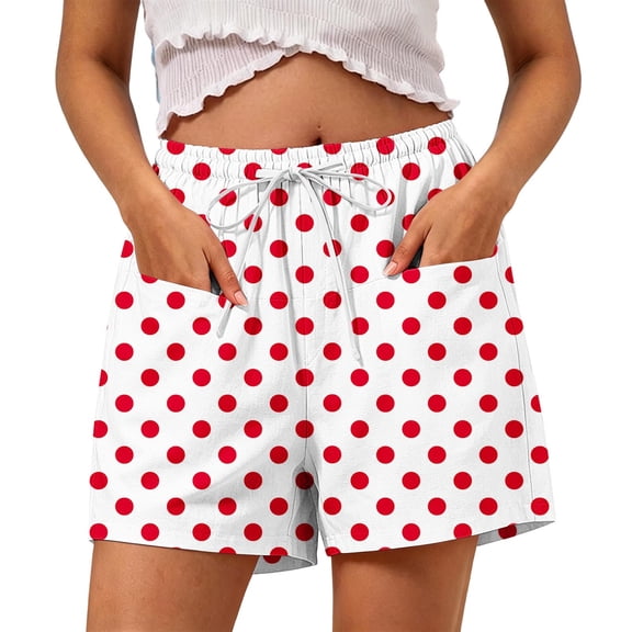 Qgtaibl Womens Beach Shorts Fashion Polka Dot Drawstring Shorts with Pockets Summer Elastic High Waist Loose Fit Shorts Red S