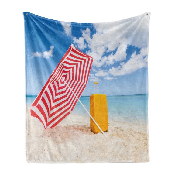 Yellow and Blue Soft Flannel Fleece Throw Blanket, Windy Sandy Beach with Sunshade and Trolley Summer Holiday Relax Picture, Cozy Plush for Indoor and Outdoor Use, 50" x 70", Multicolor, by Ambesonne