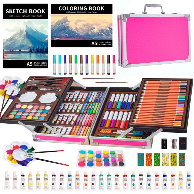 KINSPORY 139 pack Deluxe Portable Double Layers Coloring Drawing Kit with Sketch Pads, Art Set Gift for Artist Adults Beginners Kids (Pink)