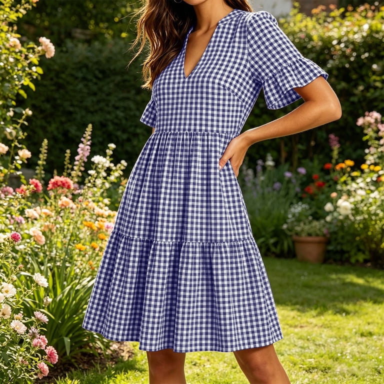 a line going out dress Miluxas Women's Summer Plaid Mini Dress Tiered Ruffle Short Sleeve V Neck  T-Shirt Dresses Casual Loose Fit A Line Going Out Dress with Pockets Blue