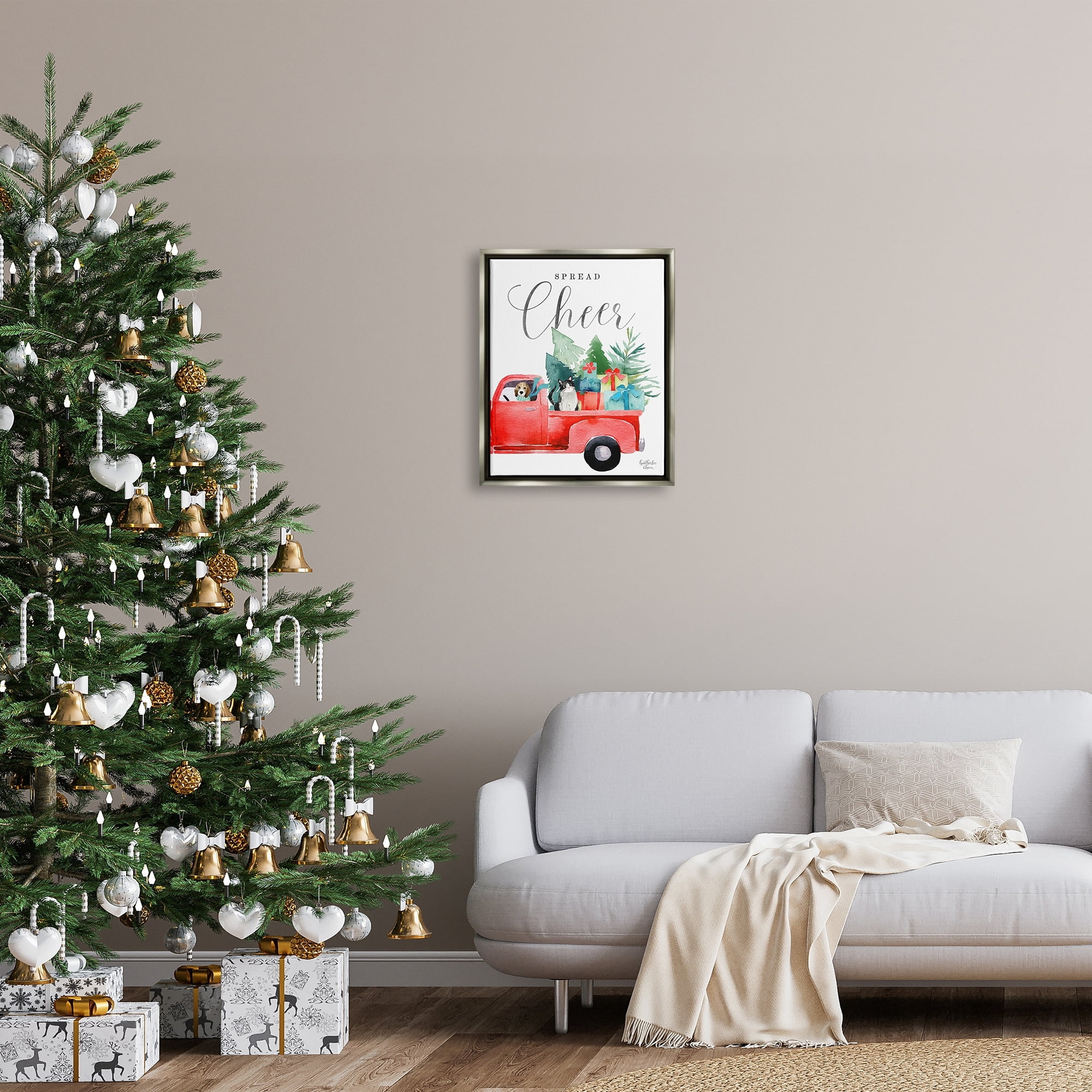 Stupell Industries Spread Cheer Truckload Christmas Gifts Presents Pets Graphic Art Luster Gray Floating Framed Canvas Print Wall Art, Design by Heatherlee Chan