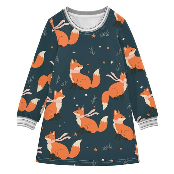 Girls' long-sleeved dress Fox with Scarf Girls' A-line dress with ribbed cuffs Soft and comfortable