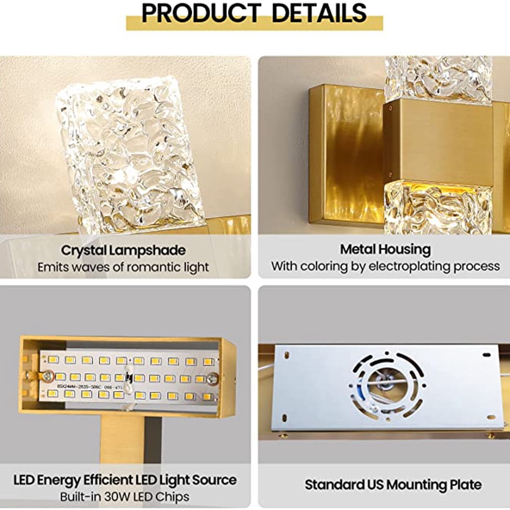 4000K LED Crystal Wall Sconces 3-Light Gold Vanity Lights 30W Modern Brushed Hardwired Lighting Fixtures for Bathroom Bedroom Living Room