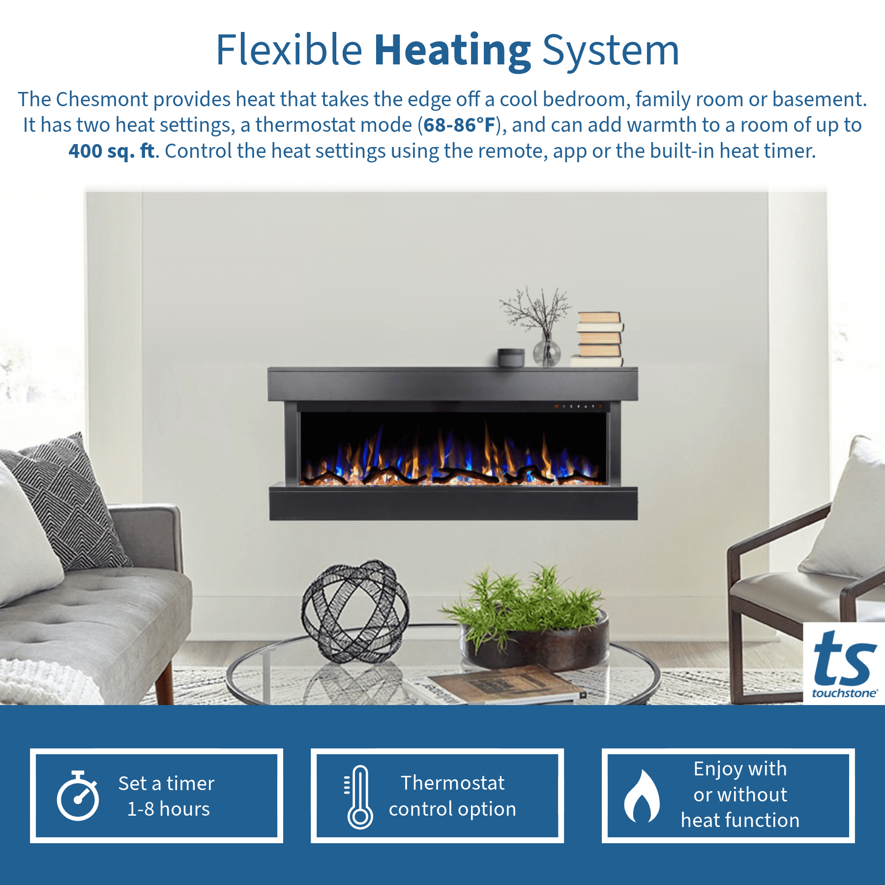 The Chesmont by Touchstone - Wall Mount 3-Sided Smart Electric Fireplace  - 50" Wide w/Black Mantel
