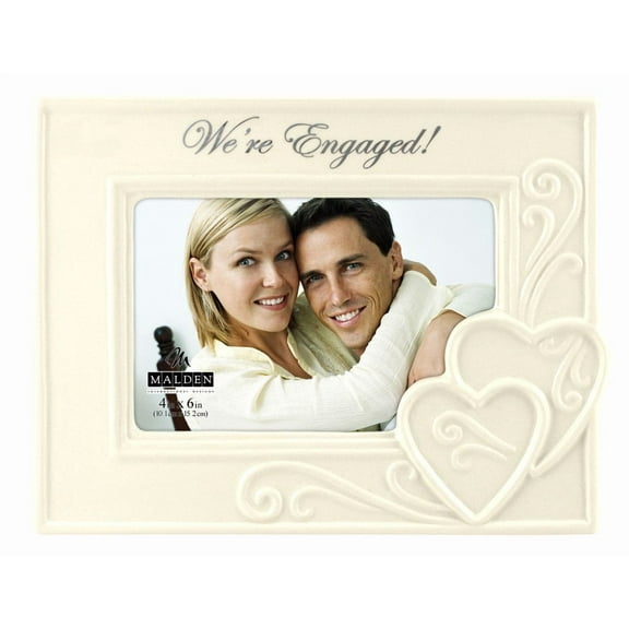 Malden International Designs Glazed Ceramic With Silver Accents "We're Engaged " Picture Frame, 4x6, White