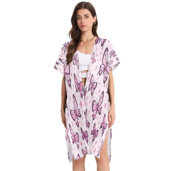BZSMCE Women Creatively Whimsical Pink Butterflies Print Beach Cover-ups Size:S-2XL