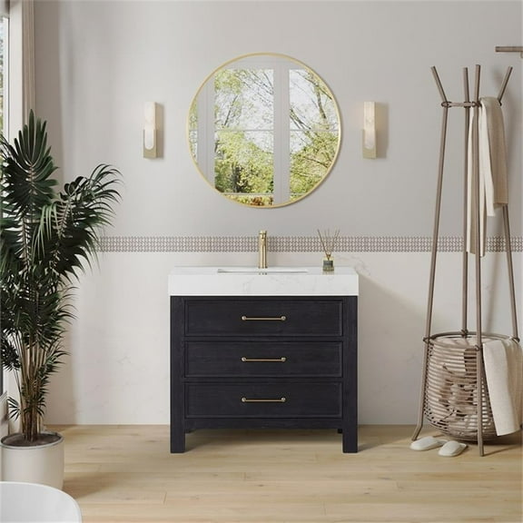 Leon 36" Single Bathroom Vanity in Fir Wood Black w/Lightning White top&Mirror