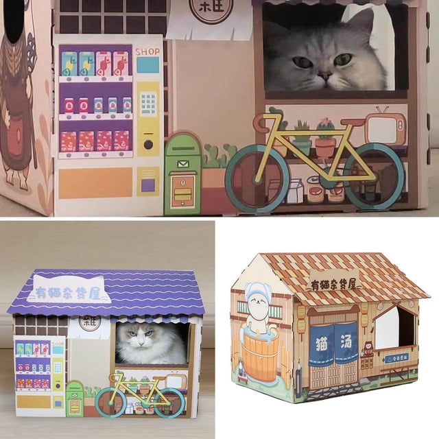 Langgg Corrugated Cardboard Cat House with Scratching Pad for Training Toy Cats Brown