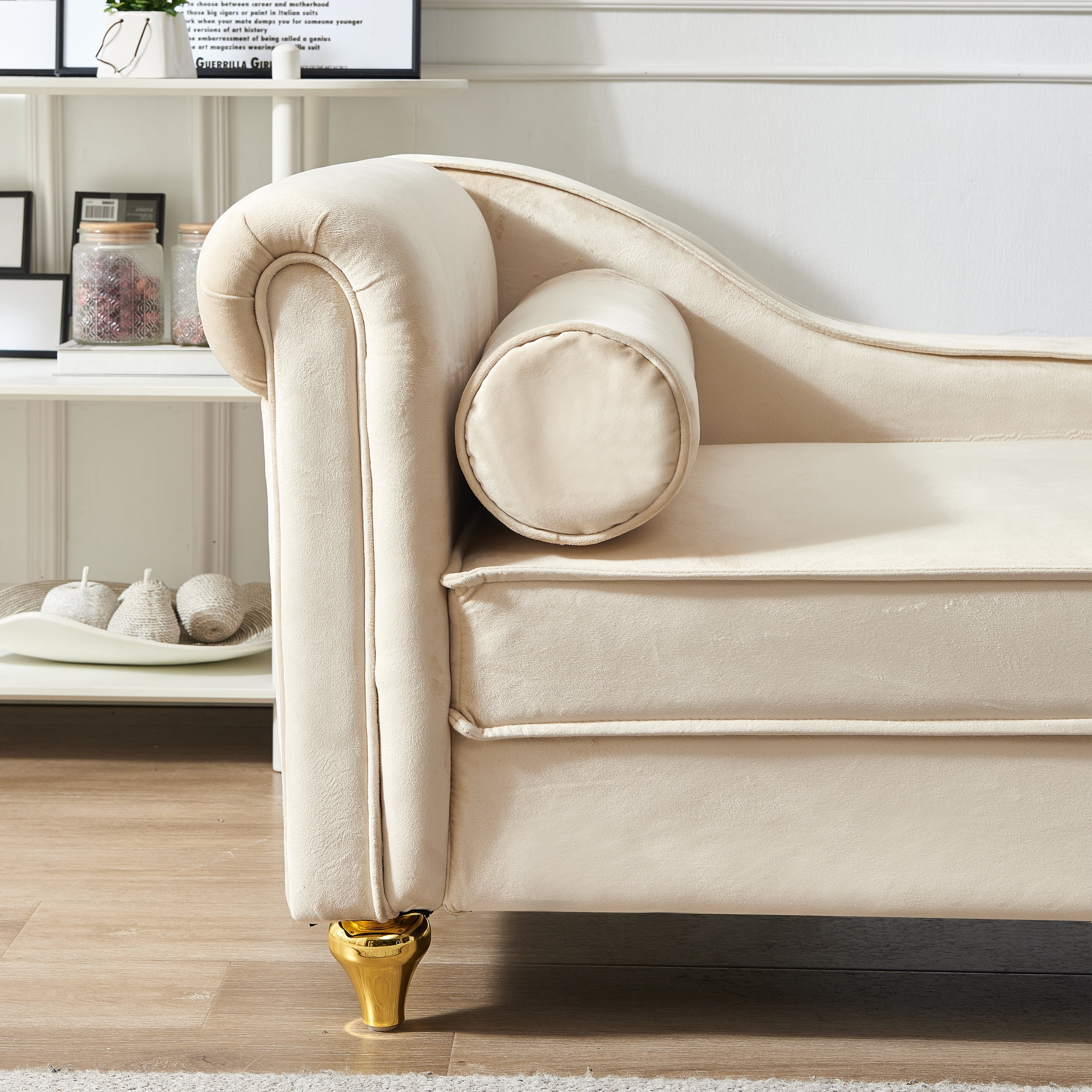 Miniyam Storage Chaise Lounge, Velvet Upholstered Sofa Recliner Lounge Chair with Pillow for Living Room Bedroom, Beige