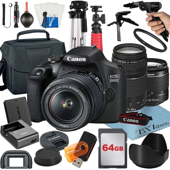 Canon EOS 2000D / Rebel T7 DSLR Camera Bundle with 18-55mm   75-300mm Lens   64GB Card   Case   Tripod   ZeeTech Accessory (International Model)